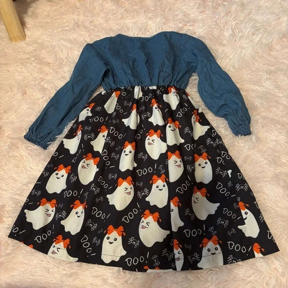 Ghost Denim Dress Halloween Girly Blue Black Long Sleeve Sz 140